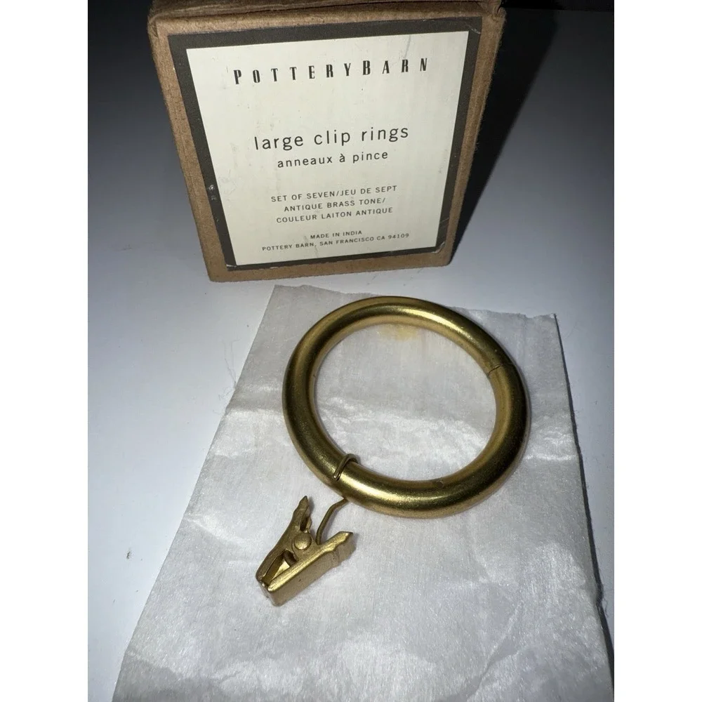 Set Of 7  Pottery Barn Small Antique‎ Brass Finish Double Ring Curtain Rings NEW